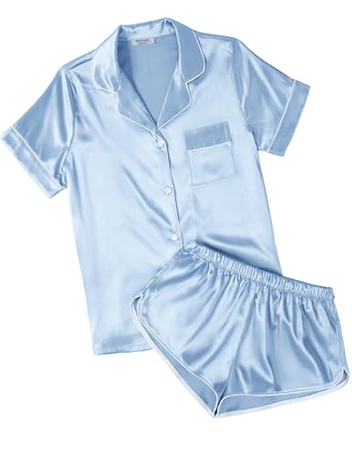 Ekouaer Womens Silk Satin Pajamas Short Sleeve Sleepwear Soft Button Down Loungewear 2 Piece PJS Shorts Set S-5XL