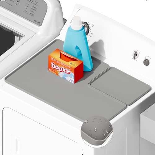 SEIRI 1pcs Dryer Top Protector Mat with Lint Trap Hole Cut Out Set 26 x 18 Silicone Dryer Top Protector Mat Non-Slip Waterproof Laundry Dryer Cover for the Top (Light Gray)
