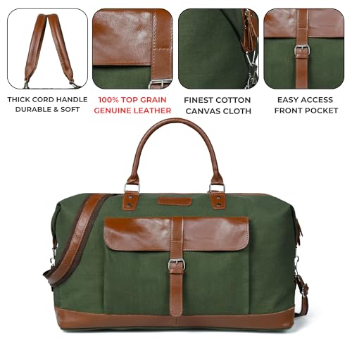 Image of Genuine Leather Large 40L Canvas Weekender Travel Duffle Cabin Bag with Detachable Shoulder Strap for Men and Women Overnight Sling Bag (Green)