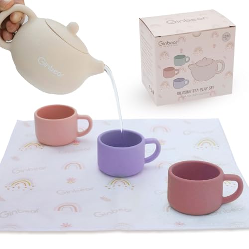 Ginbear Silicone Play Tea Set with Cloth Napkin for Toddlers 1-3 (Rosy)