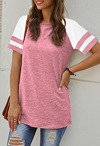 Adibosy Women's Short Sleeve T Shirt Casual Summer Loose Tee Tops Striped Color Block Crewneck Tunic Blouse Pink Xl #TOP1