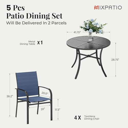 Image of MIXPATIO Patio Table and Chairs Set for 4, 5 Pieces Outdoor Dining Set, 4 Blue Textilene Chairs and 42 inch Metal Round Table with Umbrella Hole, for Deck Garden Backyard Lawn Poolside