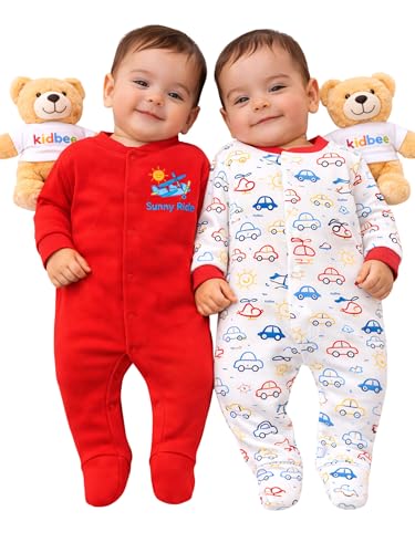 Image of Kidbee Baby Cotton Romper Pack of 2 | 100% Soft Cotton Hosiery | Front Open Snap Buttons | Full Sleeve Footed Sleepsuit | Newborn Baby Clothing Set