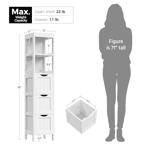 Yaheetech Bathroom Tall Cabinet, Slim Storage Cabinet, Narrow Freestanding Floor Cabinet with 3 Drawers & 2 Shelves, Linen Tower for Small Space, 12" D x 12" W x 56" H, White - Image 4