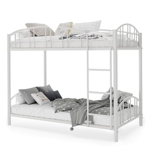 Garvee Bunk Bed Twin Over Twin with Ladder and Arched Guardrail, Heavy Duty Bunkbeds Frame with Sturdy Steel Slats Support for Kids Boys Girls, Space-Saving, No Box Spring Needed, White