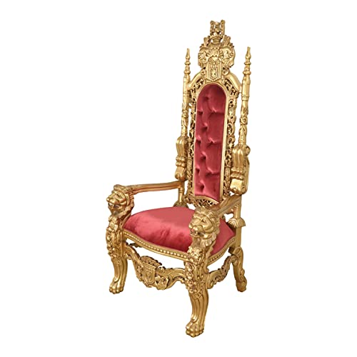 AFD Home King Chair Accent Chair Upholstered Table Chair Mahogany Hand-Carved Chair Antique Gold with Dark red Fabric