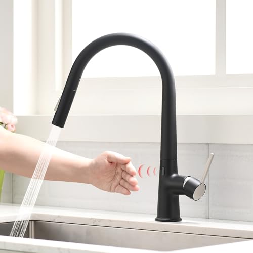 AIMADI Robinet de Cuisine sans Contact à Détection Motion Économiseur d'Eau Mitigeur avec Capteur Finition Résistante aux Traces Livré avec Douchette Noir