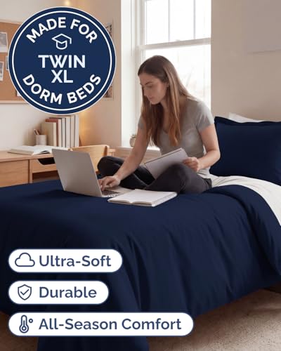Image of Duvet Cover Twin /Twin XL Size Set - Extra Soft Twin /Twin XL Duvet Cover 68 inch x 90 inch with 1 Pillow Sham for Women, Men, Kids & Teens - Comfy, Easy-Care & Fade Free w / Zipper Closures & Ties (Navy Blue)