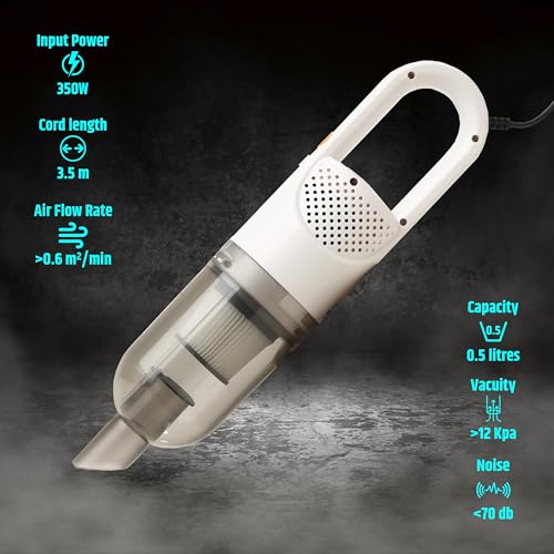Image of Tomahawk TEV-363 Wet & Dry Vacuum Cleaner 350W, 0.5L Capacity, Lightweight 850g, 4m Cord, Portable Handheld for Home & Car Cleaning with Floor Brush, Crevice Nozzle & Extension Tubes (White)