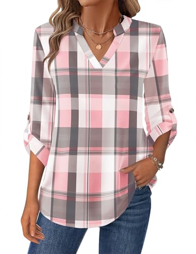 Zeagoo Womens Roll Up Long Sleeve Tops V Neck Shirts Dressy Casual Work Blouses S-2XL