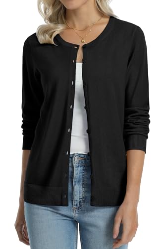 QUALFORT Women's 100% Cotton Cardigans Soft Lightweight Long Sleeve Knitted Crewneck Button Down Sweater Black Large