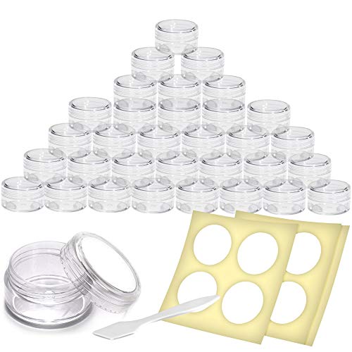 Cosmetic Pots and Clear Travel Tubs with Screw Sealing Lids for Makeup, Creams, Beauty Products and Lotions with Spatula and Stickers (32 Pack)