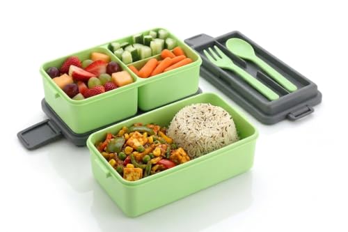 Image of Double Decker 3 Compartment Lunch Box for School & Office, Lunch Box with Cutlery and Lid,Microwave Safe Lunch Boxes | Pista Green - 1400 ML