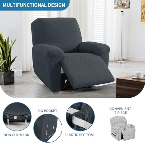 Image of 2026 Stretch Recliner Cover 3-Piece (24 inch-37 inch) Super Soft Recliner Chair Covers with Big Pocket & Anti Slip Ties Stay in Place, Lazy Boy Reclining Slipcover Easy to Put on off Washable, Dark Grey