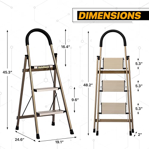 Monibloom 3-Step Folding Ladder With Soft Grip Aluminum Alloy Lightweight Portable Step Stool W/Anti-Slip Sturdy Pedal For Kitchen Pantry, Gold #TOP1