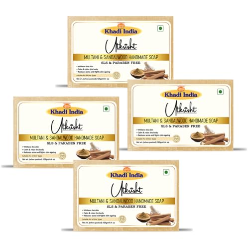 Image of Khadi Multani Mitti & Sandalwood Handmade Bathing Soap Bar 125g (Pack of 4) | Natural & Herbal | Hydrating, Glowing & Brightening | For Skin Pores & Wrinlees | All Skin Types | For Men & Women