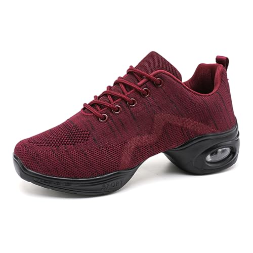 Women's Jazz Shoes Breathable Air Cushion Platform Modern Dance Shoes Athletic Walking Lace-up Sneakers Red 35