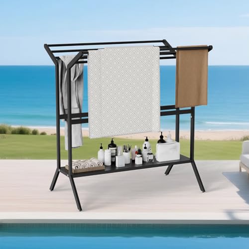 Freestanding Poolside Towel Rack Outdoor-All In One Rack Provide...