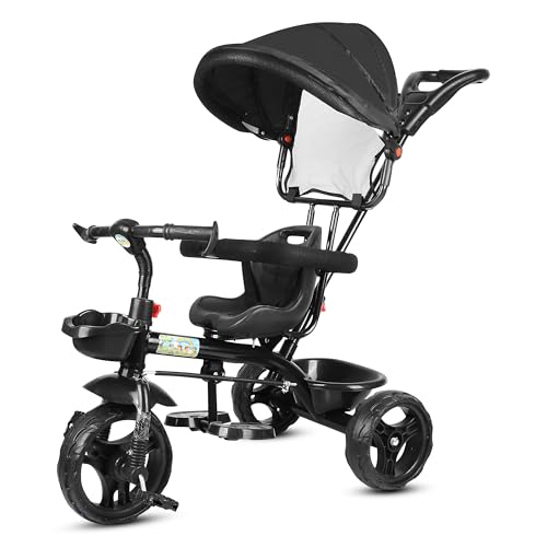 Image of BABY SMILE 4-in-1 Kids Tricycle with Adjustable Canopy, Parent Push Handle, Red and White (Black)