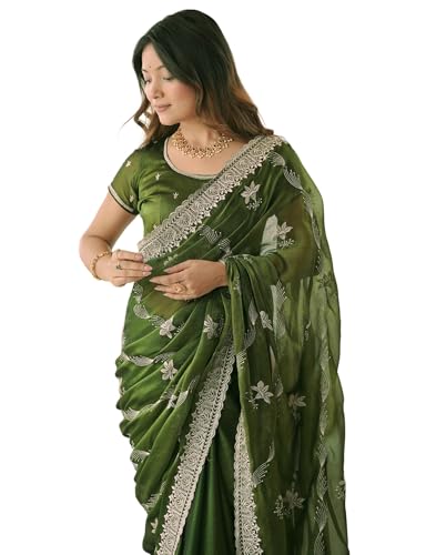 Image of SIRIL Women's Chiffon Scalloped Border Sequins Embroidery Saree with Unstitched Blouse Piece