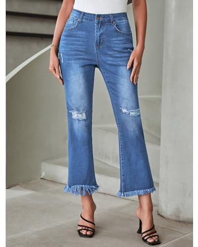 GRAPENT Flare Jeans for Women Trendy High Waisted Cropped Ripped Jeans Wide Leg Stretchy Denim Ankle Pants Raw Hem Jeans3