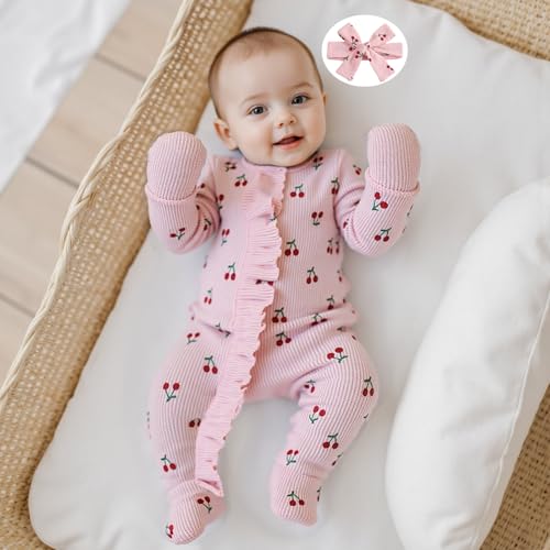 Infant Baby Girl Fall Outfit Sweatshirt Romper Footies Cherry Print Ruffle Trim Jumpsuit Zip Up Onesie Newborn Winter Clothes3