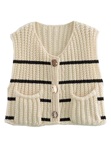 Image of Disamer Sleeveless Sweater Vest for Women Crochet Knit Button Down Crop Cardigan Sleeveless Tank Tops with Pockets,Stripe Apricot,Large
