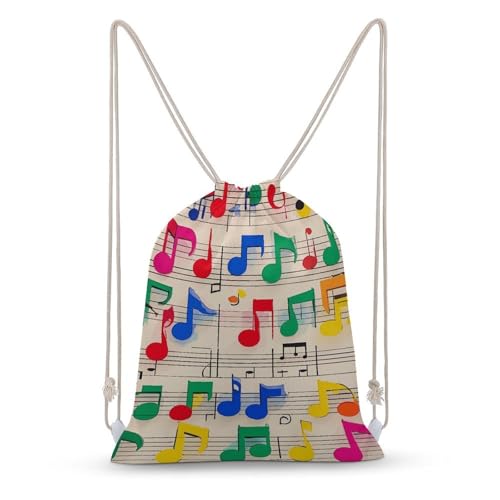 Canvas Drawstring Backpacks Colorful Musical Notes Sports Gym Pull String Bags Lightweight for Men Women