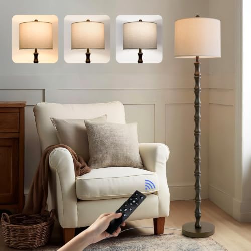Image of BOBOMOMO 62 inch Rustic Farmhouse Floor Lamp Dark Brown with Remote & Dimmable 9W Bulb, 3 Color Temperatures Resin Standing Lamp, Retro Tall Lamp for Living Room, Bedroom, Nursery, Office, Reading Nook
