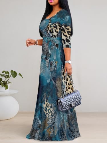 Image of PinkPatty Plus Size Maxi Dress for Women Casual V Neck 3 /4 Sleeve Boho Printed Long Dress with Pockets