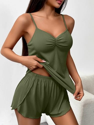 Image of Ekouaer Womens Cami Pajama Sets 2 Piece Ribbed Knit Lingerie Sleeveless Tank Top and Shorts Camisole Pjs Sleepwear