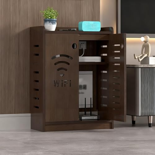 Gabinete de almacenamiento independiente para el hogar y la oficina, enrutador WiFi de doble piso, marrón, 50 x 60 x 25 cm, elegante y funcional, armario de suelo