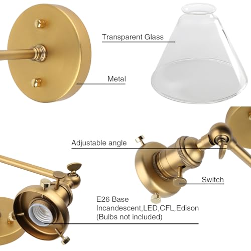 Image of PERMO Double Sconce Vintage Industrial Gold 2-Lights Wall Sconces with Funnel Flared Glass Clear Glass Shade Antique Scocne for Bathroom Living Room Home Office