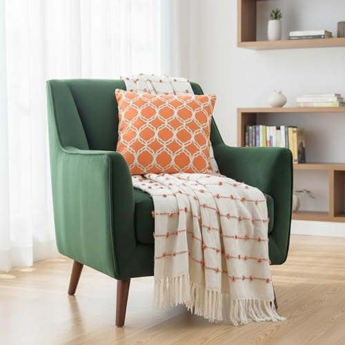 Image of SAJAVAT HOME Soft Cotton 3 Seater Sofa Throw with Cushion Cover | Beige & Royal Orange Throw 82 inchx52 inch & Orange Cushion Cover 18''x18'' for Living Room, Bedroom, Sofa, Chair & Gift | Pack of 1