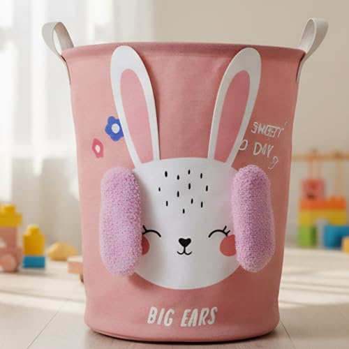 Cesto Organizador Dobrável Multiuso com Alças, Design Infantil Big Ears, Armazenamento de Roupa Suja e Brinquedos. (Cachorro Rosa) 35x45