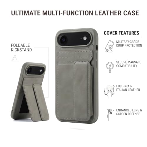 Image of amazon basics Luxury Vegan Leather Back Cover for iPhone 17 Air | Built-in Card Holder Slot | Integrated Mobile Stand | Slim Shockproof Protective Case with Stitched Finish - Gray