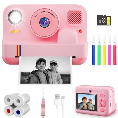 Instant Print Camera for Kids, App Printing, 1080P Video, Dual-Lens Selfie Digital Camera with 32G SD, Christmas Birthday Gifts for Girls Boys 4 5 6 7 8 9 10 11 12 Year Old, Portable Toddler Toy