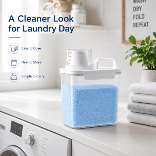 Image of PRAZA Laundry Detergent Storage Container 1800 ML with Measuring Cup Lid, Airtight Washing Powder Storage Box, Clear Plastic Organizer for Laundry Powder, Pods, Beads, Bathroom & Laundry Room