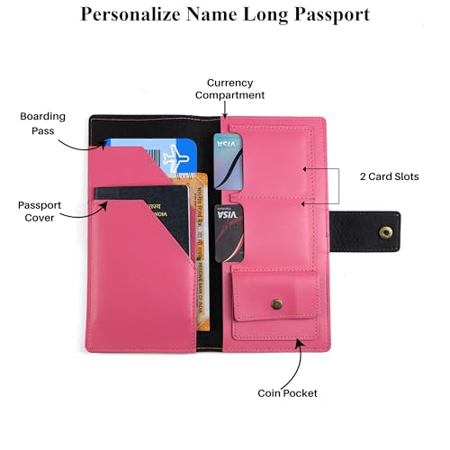 Image of AICA Personalized Name & Charm Long Leather Wallet Passport Cover (Dark Pink) with Passport Boarding Pass Card Slot & Coin Holder for Men & Women | Birthday Anniversary Travels Gifts for Sis Wife Mom
