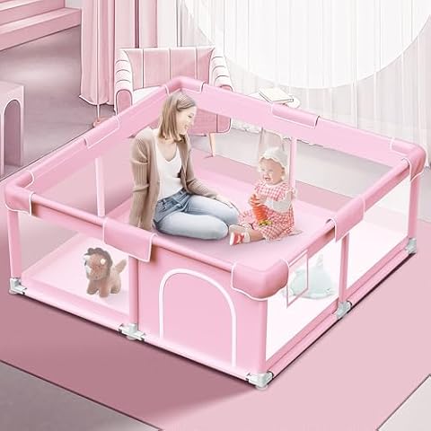 Pink Baby Playpen 50x50 Inches Baby Playpen for Little Princess Play Yards Indoor & Outdoor Sturdy Safety Baby Girls Play Pen with Soft Breathable Mesh Toddlers Activity Center with Anti-Slip Base Cover