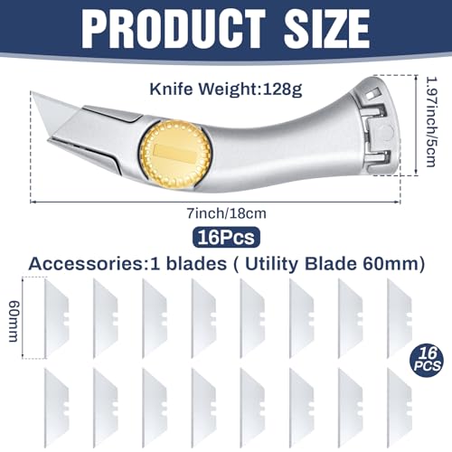 Image of 16 Sets Carpet Knife Bulk Heavy Duty Vinyl Drywall Knife Roofing with Replacement Fixed Utility Blades Fixed Blade Roofer's Roofing Tools Cutter with Holster Belt Clip (Silver)