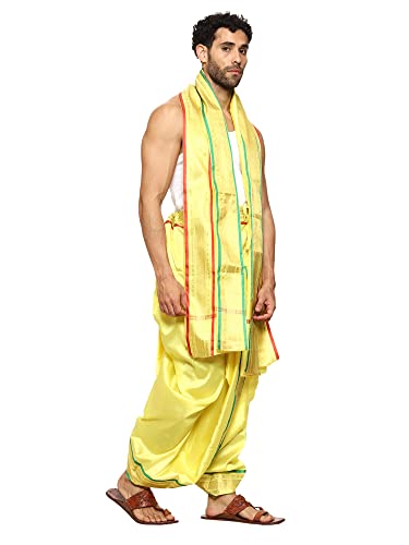 Image of Rameshwaram Fabrics Readymade Dhoti for Men, Velcro Style Stitched Mens Silk Dhoti Pant with Stole Set