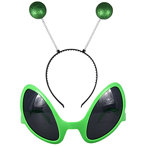 Fvomye 2 Pieces Alien Set Alien Glasses and Headband Alien Sunglasses Martian Antenna Headband Boppers for Halloween Masquerade Party Favor and Photography Crops