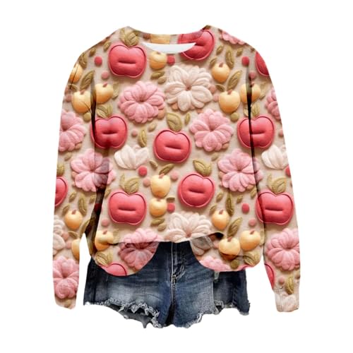 Generisch Jersey para mujer, camiseta de manga larga sin capucha, sudadera otoño mujer casual 3D estampado navideño sudadera con capucha corte holgado manga larga suéter cuello redondo sudadera, Rosa