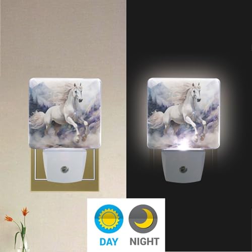 Image of Horse White Night Lights 2 Pack Plug-in Wall Led Nightlight Auto Dusk-to-Dawn Sensor Lamps for Bedroom Kitchen Bathroom