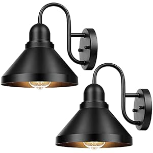 Brightever Gooseneck Outdoor Light Fixtures, 2-Pack Farmhouse Barn Lights for Porch, Industrial Black Exterior Wall Sconce for Garage, Patio, E26 Base Anti-Rust, Bulb not Included
