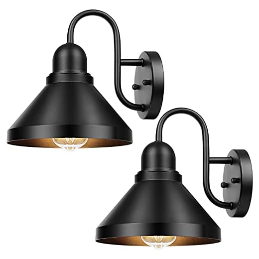 Brightever Gooseneck Outdoor Light Fixtures, 2-Pack Farmhouse Barn Lights for Porch, Industrial Black Exterior Wall Sconce for Garage, Patio, E26 Base Anti-Rust, Bulb not Included