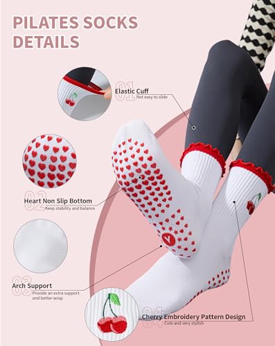 Image of Yawlsow Cute Pilates Grip Socks for Women Ruffle Frilly Yoga Socks Non Slip Cotton Crew Grippy Sock for Barre Workout