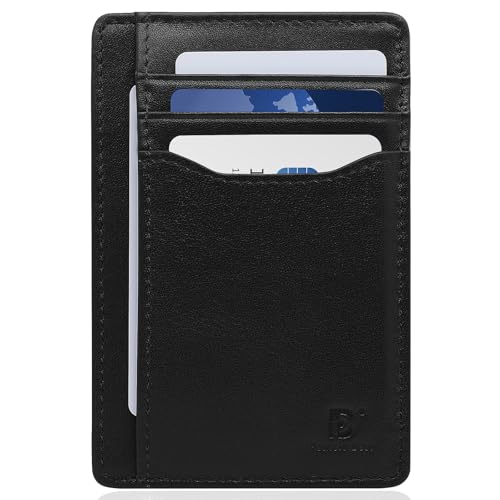 Pomelo Best Genuine Leather Slim Wallet for Men and Women, Minimalist Front Pocket Card Holder RFID Blocking for Gifts, Travel, Daily Use, Black