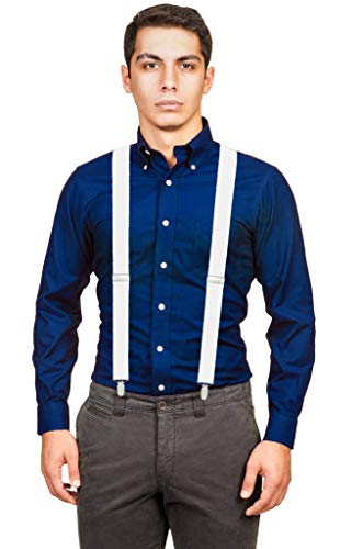 Moulen Men's X-Back 1.4 Inches Wide 4-Clips Adjustable Suspenders, White #TOP4